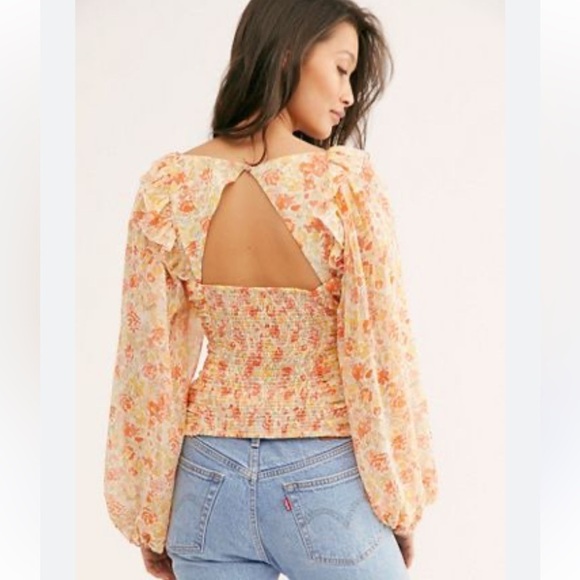 Free People Mabel Printed Blouse Spring Combo Orange Floral Print Peasant large - Picture 7 of 10